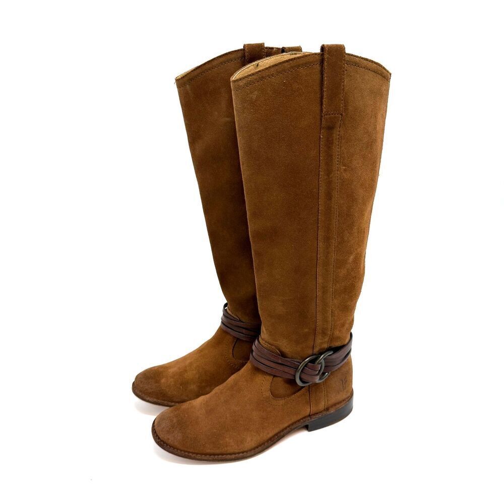 Frye Shirley Multi Strap Tall Harness Boot Brown Suede Leather Western Size 5.5
